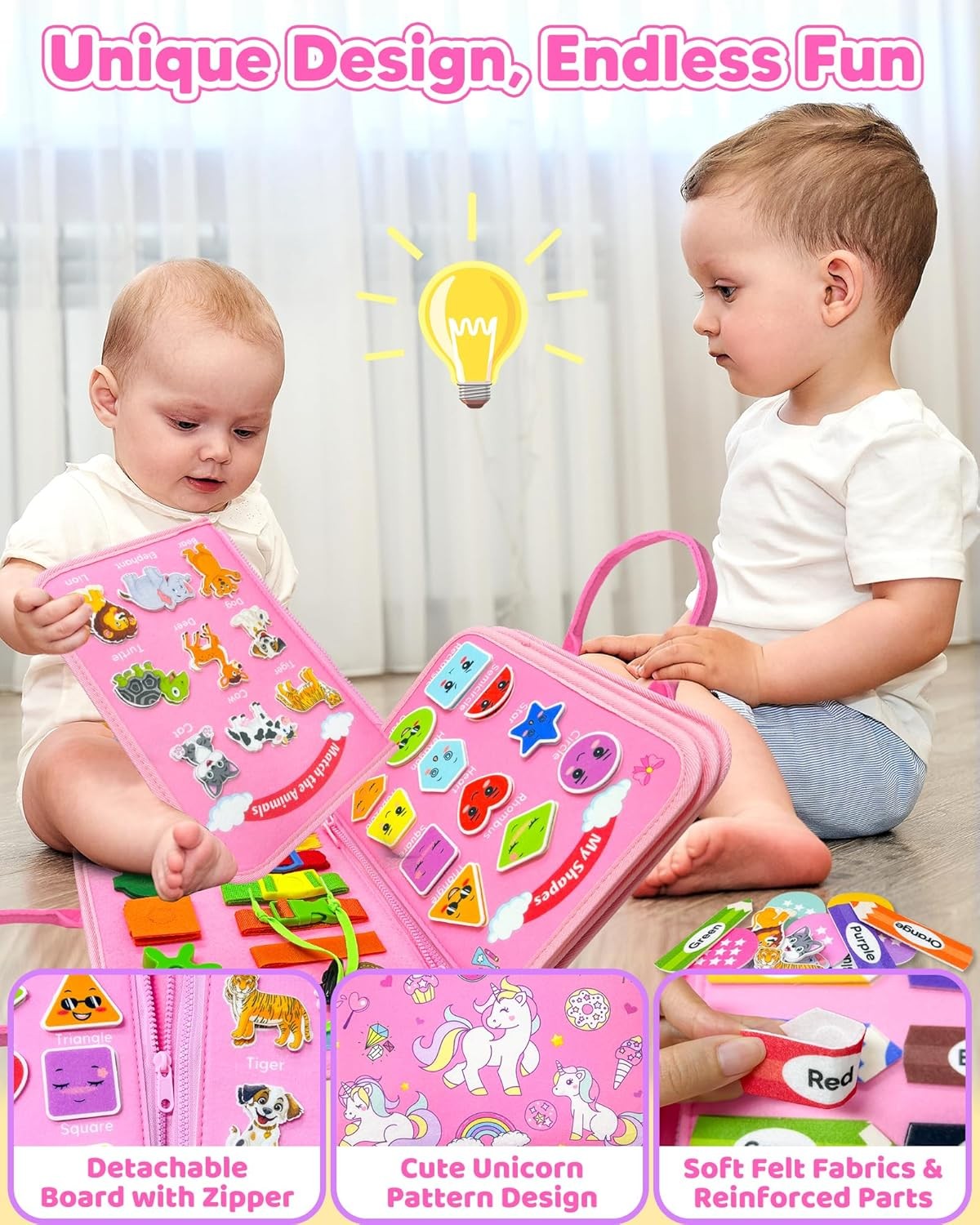 Toddler Busy Board Montessori Toys for 1 2 3 4 Year Old Girl Birthday Pink