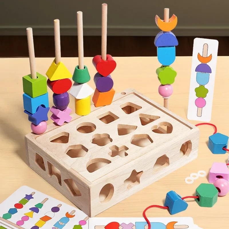 Montessori Wooden Sorting Blocks Color Shape Matching Educational Kids Early Toy