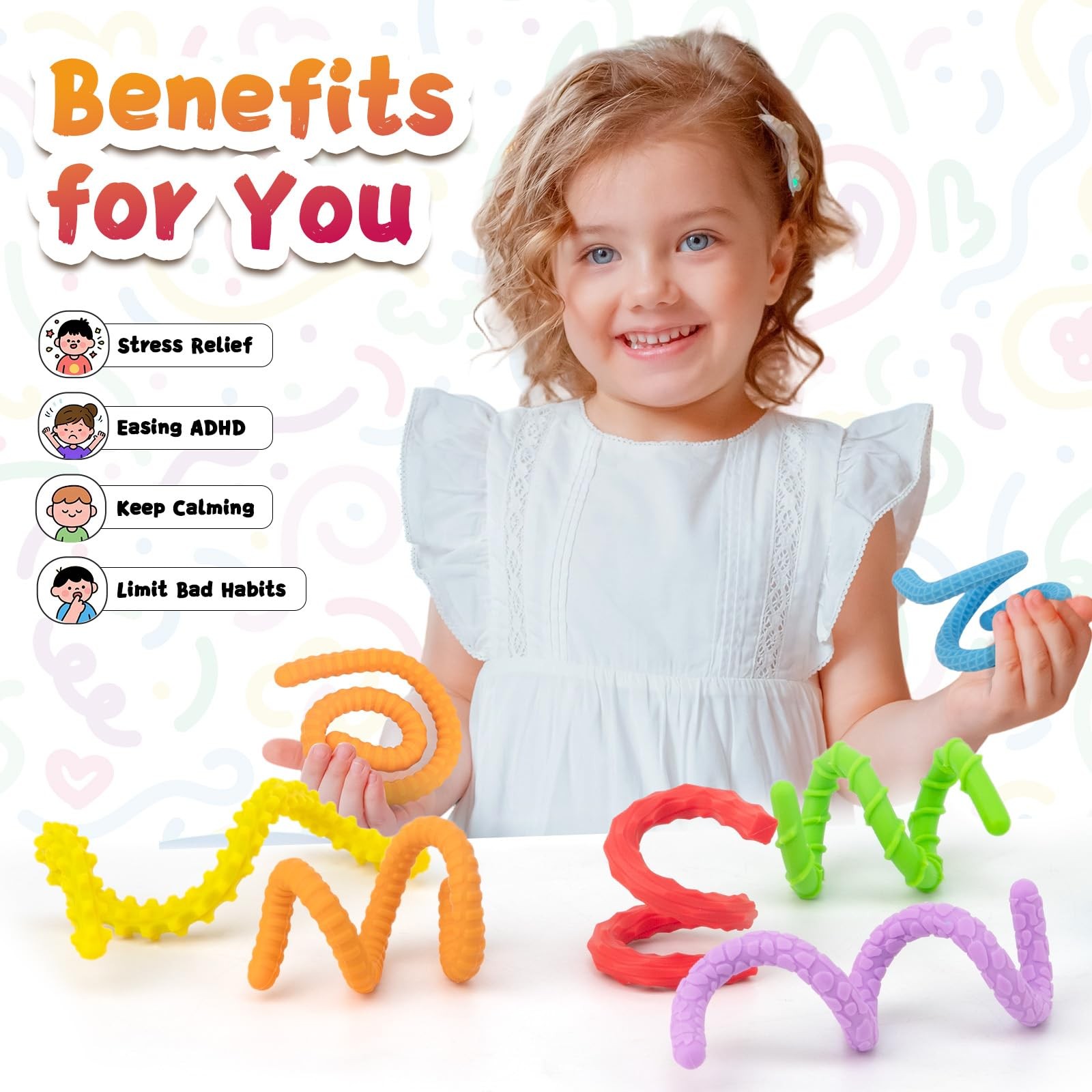 Fidget Toys Silicone Sensory Sticks, 25 cm, Red, Orange, Yellow, Green, Blue