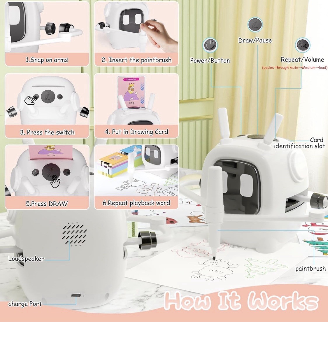 Kids Drawing Robot Learning Toy Set w/ 192 Drawing Cards & Markers, Ages 4-10