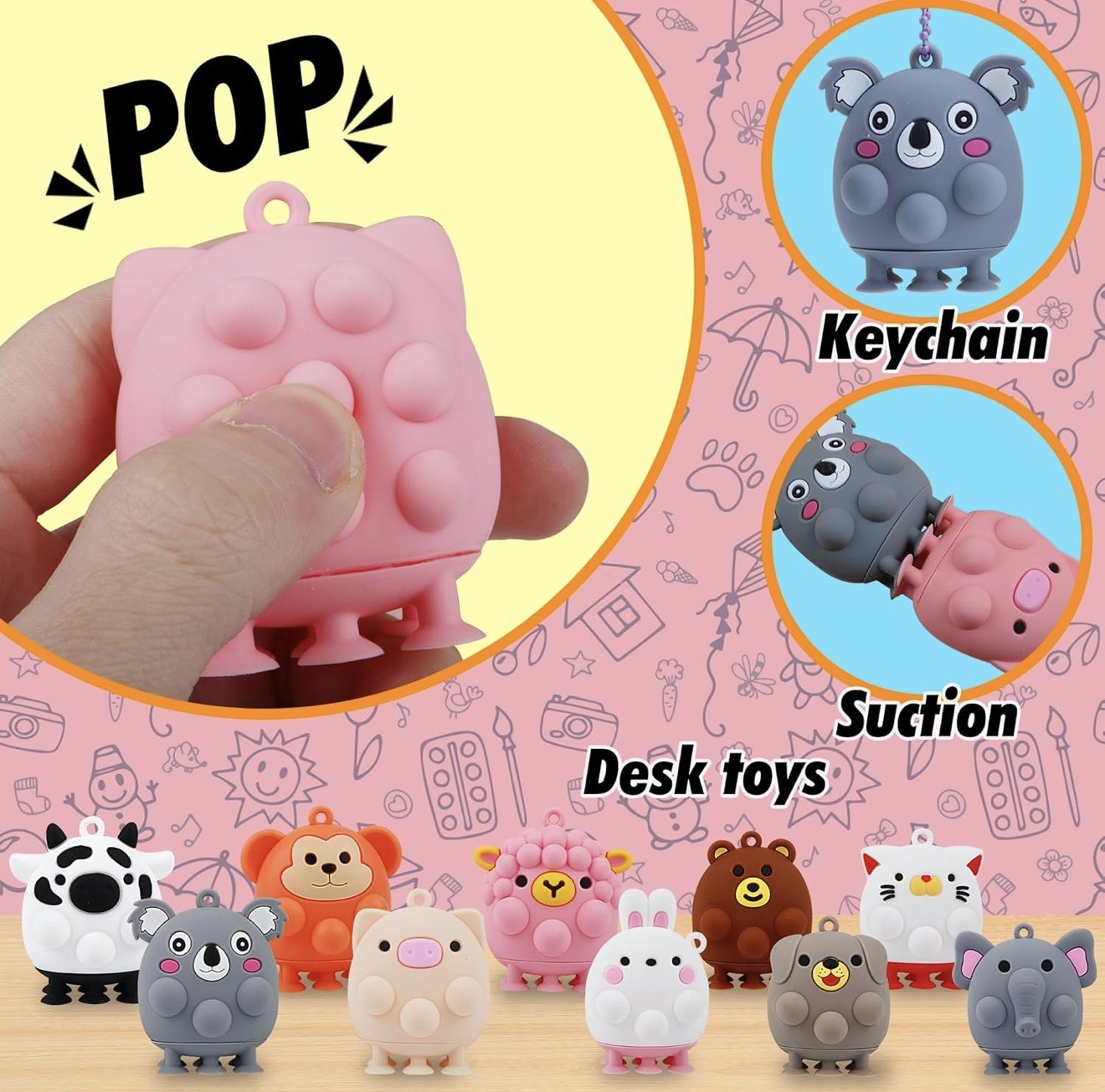 3D Animal Suction Pop Toys Variety Lot (12 Pieces Plus Box)