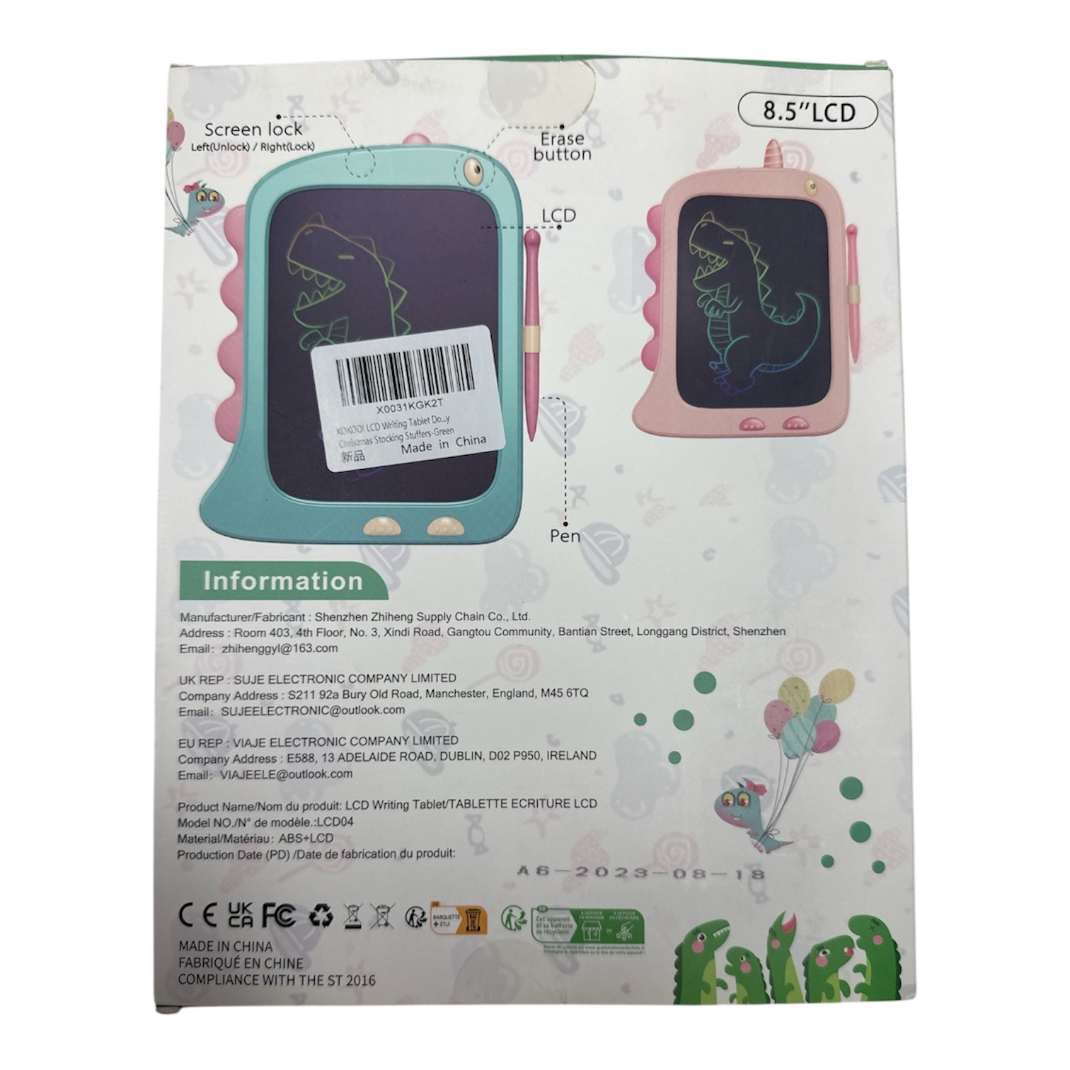 LCD Writing Tablet Dinosaur Green Color For Children