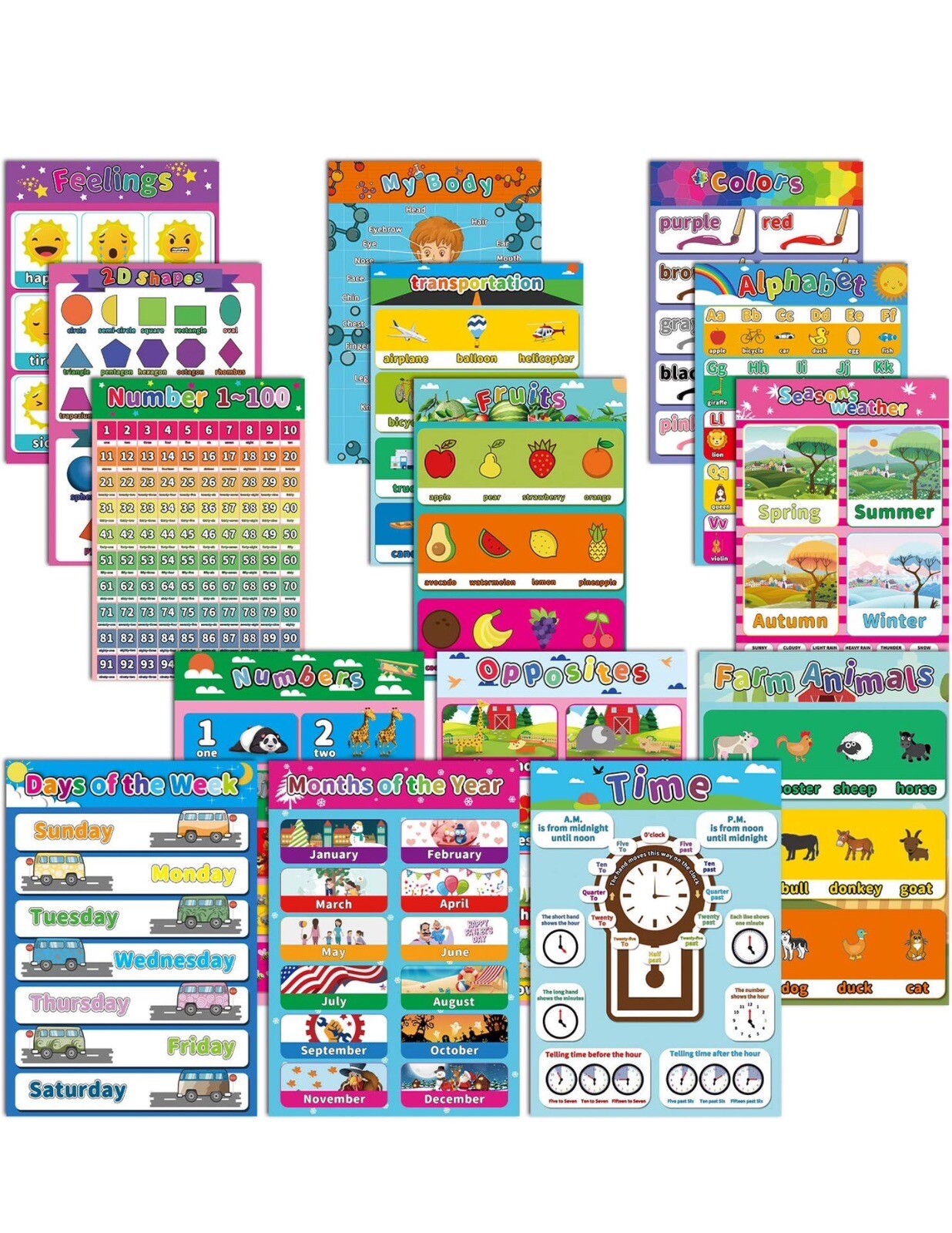 15 Pack Educational Preschool Posters for Toddlers & Kids -17“x12” Classroom